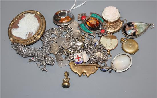 Mixed jewellery including two white metal and Scottish hardstone brooches, a micro mosaic brooch, cameo etc.